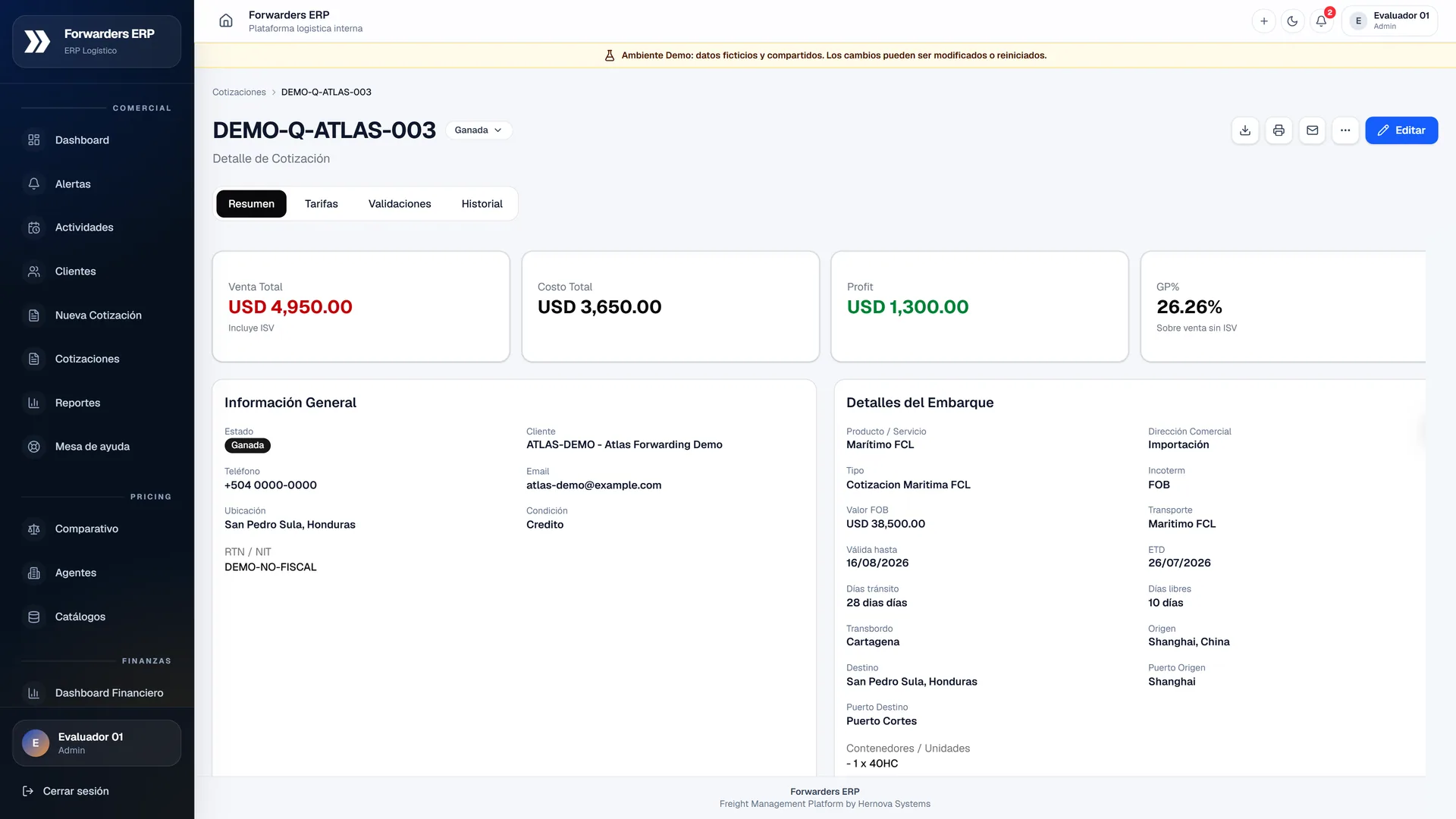 Cotización de demostración con costo, venta y margen visibles en Forwarders ERP